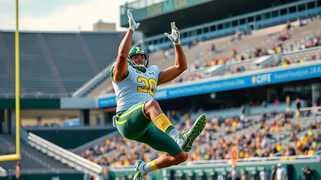 Athletic male football player in Oregon Ducks uniform performing explosive vertical jump during practice, muscles engaged, showing maximum athletic power and strength in outdoor stadium setting