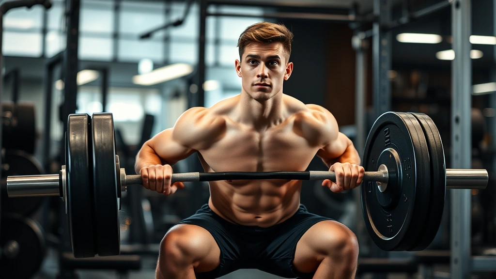 Young male athlete in gym performing heavy barbell squat with perfect form, showing muscular development and strength training intensity, focused expression demonstrating mental toughness and dedication