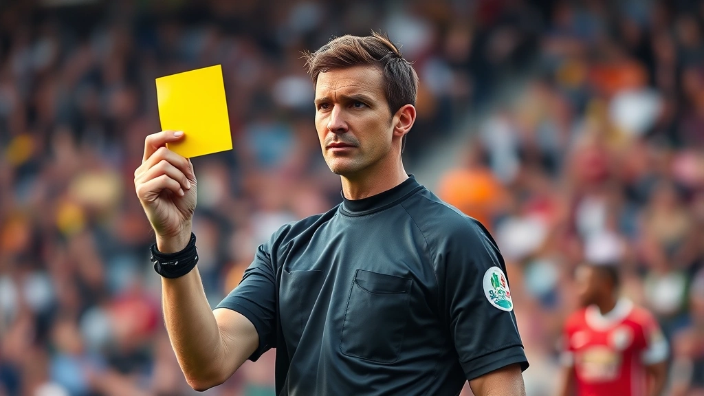 Professional soccer referee in black uniform holding yellow card during intense match, showing serious expression, stadium crowd blurred background, photorealistic sports photography
