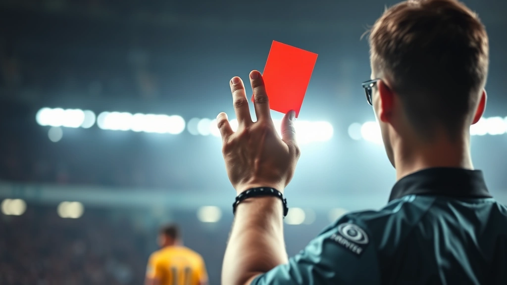 Close-up of referee's hand displaying red card during professional football match, dramatic lighting, player blurred in background, authentic match atmosphere, high-quality sports photography