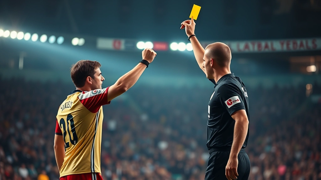 Referee pointing at player while showing yellow card, intense moment in stadium, crowd visible but soft focus, dramatic match lighting, professional football photography style