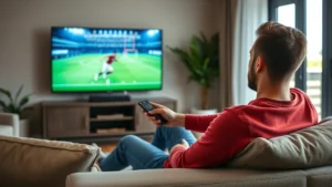 Young male sports fan sitting on couch with football game streaming on TV, holding remote control, relaxed home viewing environment, modern living room with comfortable seating, bright natural lighting, photorealistic