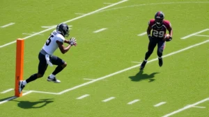 Professional wide receiver executing a precise slant route during high-speed football practice, breaking sharply at 5-yard depth marker with defensive back in pursuit, grass field with yard line markers visible