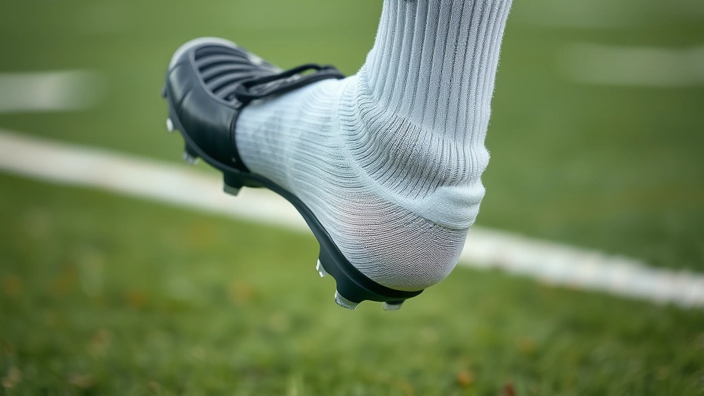 Close-up of athlete's foot in white crew socks with visible moisture-wicking texture, inside black football cleat, action shot during field practice with grass blurred background