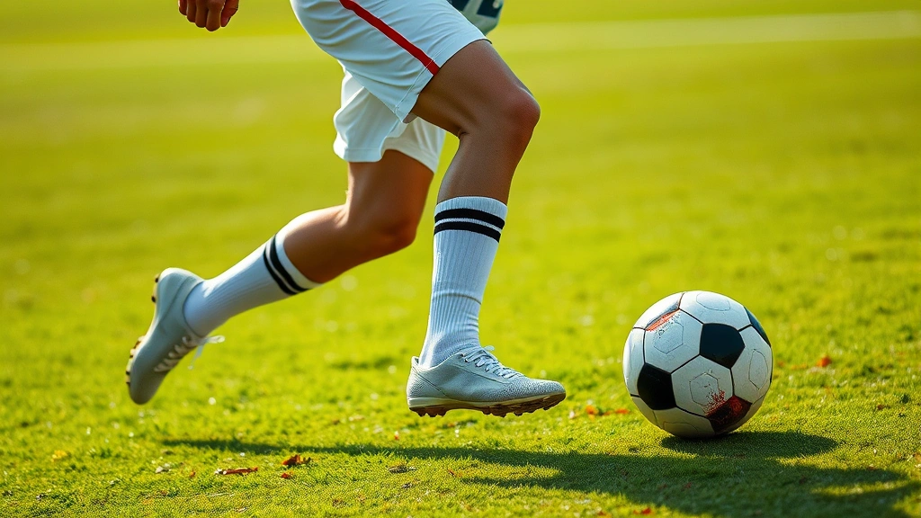 Professional football player in full uniform performing explosive lateral cut, feet in premium crew socks gripping natural grass field, dynamic motion capture mid-movement