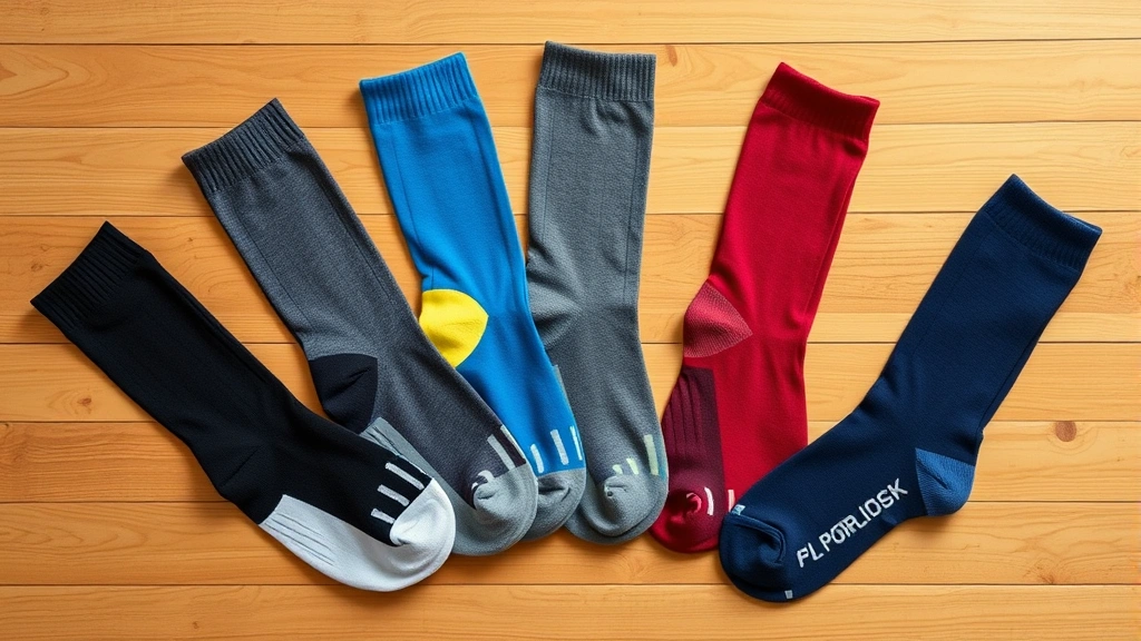 Flat lay overhead view of five different colored premium crew socks arranged in arc pattern on wooden surface, showing sock construction detail, cushioning zones, and compression architecture