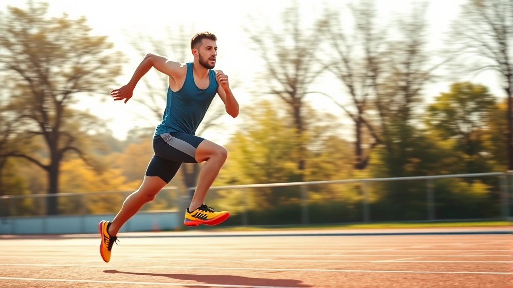 Athletic male sprinter in full sprint acceleration on outdoor track, explosive leg drive, dynamic motion blur background, morning sunlight, professional sports photography style