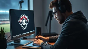 Professional graphic designer working on computer creating football team logo SVG design with stylus and pen tablet, modern studio lighting, focused concentration on screen