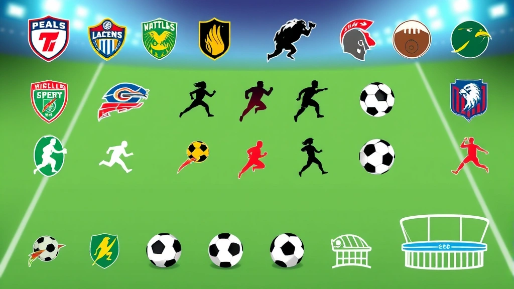 Collection of colorful football SVG icons and graphics arranged on digital canvas including team logos, player silhouettes, ball icons, and stadium symbols in various sizes demonstrating scalability