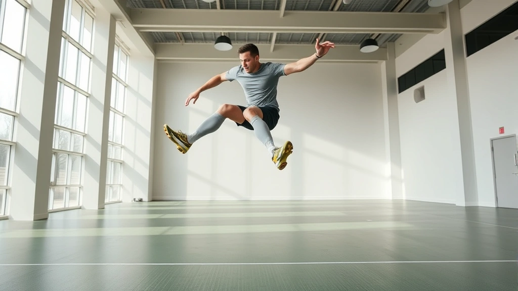 Professional male footballer performing explosive single-leg power jump in modern training facility with clear floor and minimalist background, athletic wear, dynamic motion capture mid-jump, natural lighting