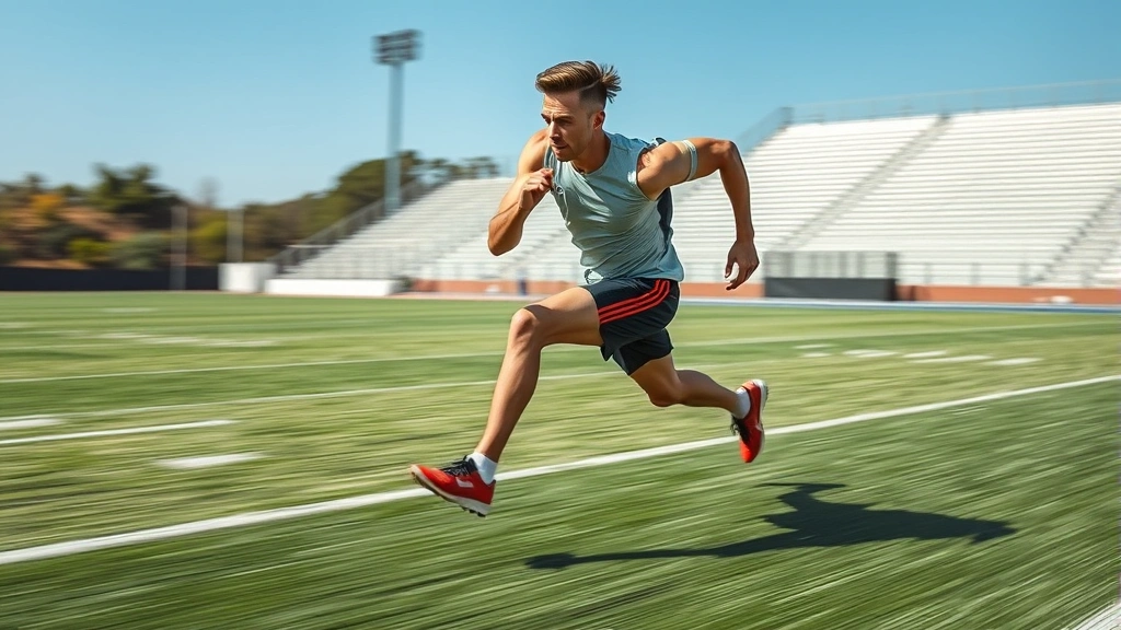 Elite athlete executing high-intensity sprint acceleration drill on professional training pitch, explosive lower body power, intense effort expression, outdoor natural daylight, motion blur emphasizing speed