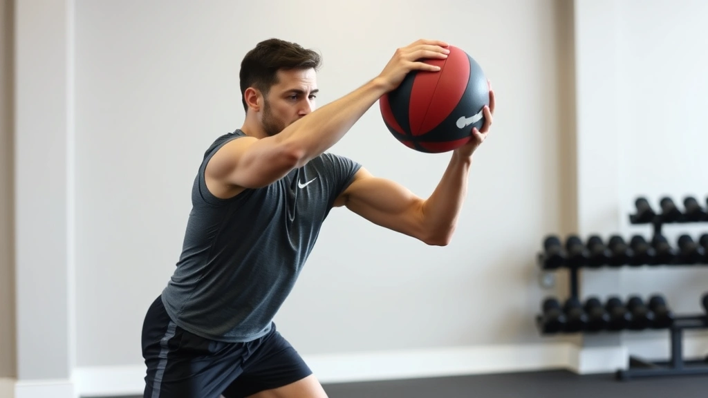 Footballer performing dynamic rotational core exercise with medicine ball, functional strength movement, controlled power output, modern gym environment with neutral background, professional athletic form demonstration