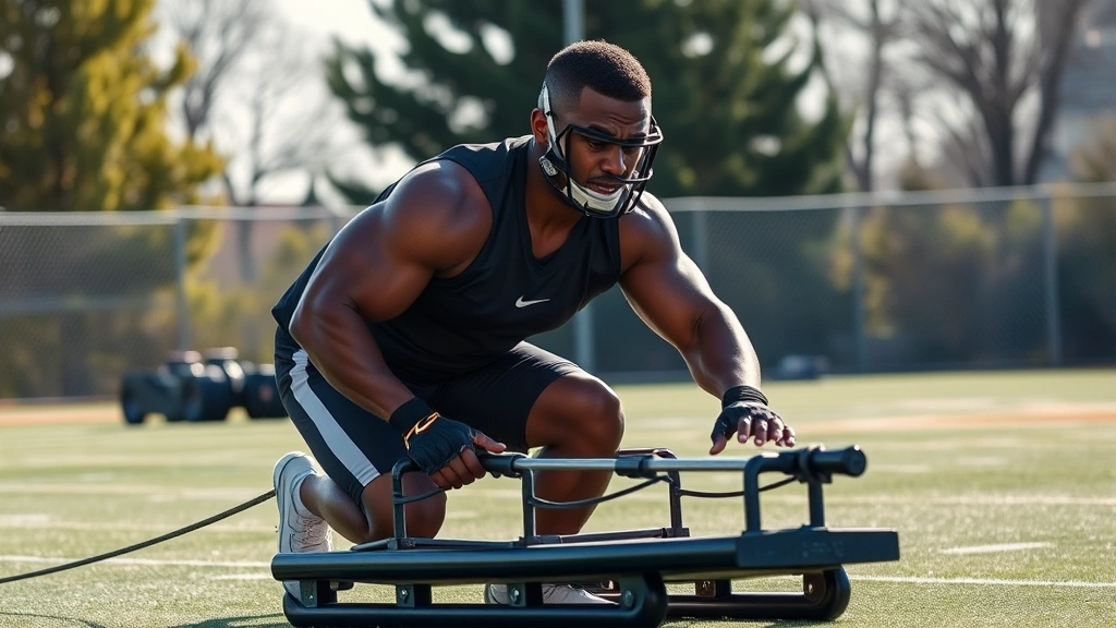 Professional football player performing explosive sled push training in outdoor facility, muscles engaged, athletic intensity visible, morning sunlight