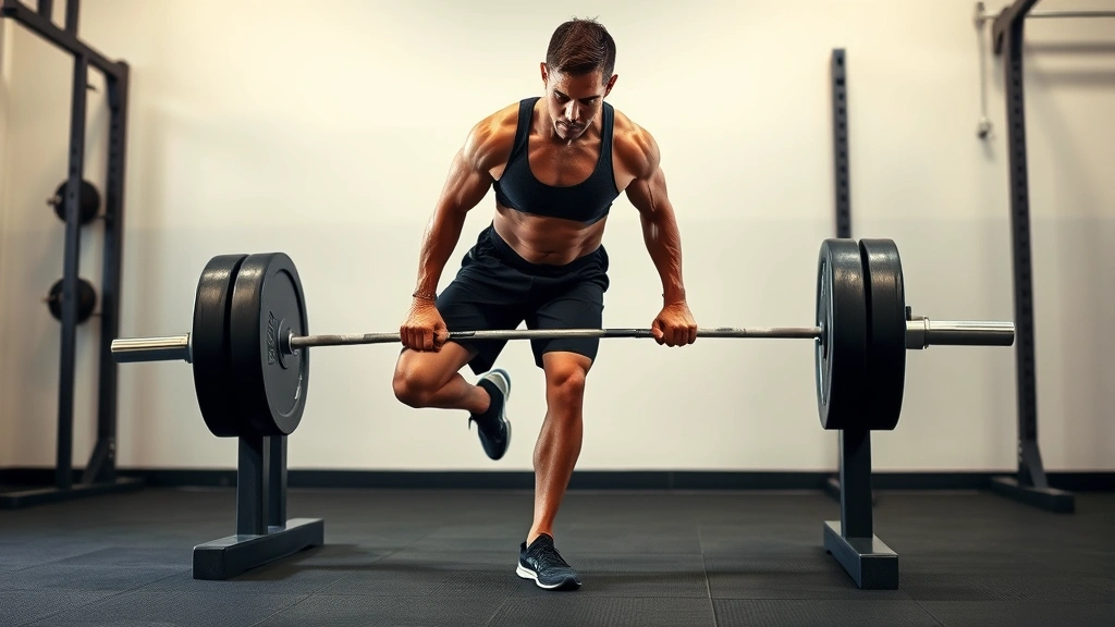 Athlete executing single-leg Romanian deadlift with perfect form, demonstrating eccentric strength and balance, gym setting with neutral background, focused concentration