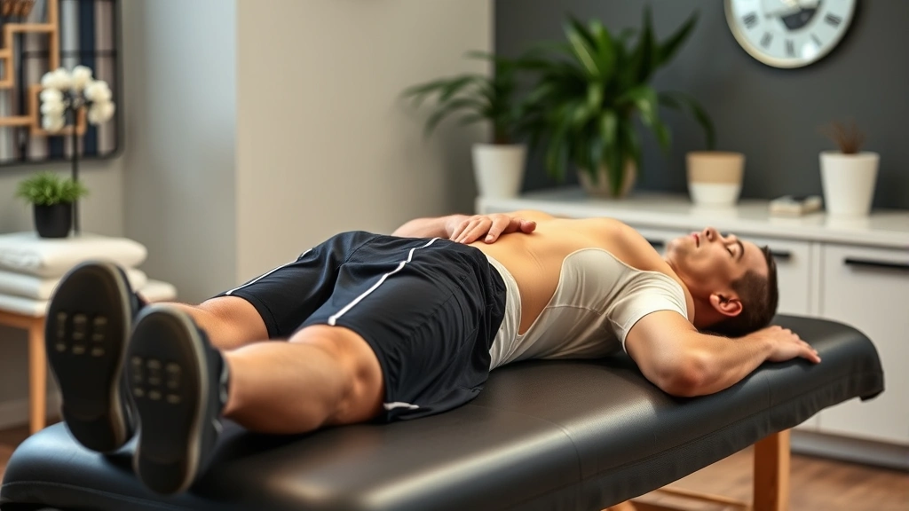 Recovery scene: athlete receiving professional sports massage therapy on treatment table, therapeutic hands-on technique, clinical wellness environment, relaxation evident