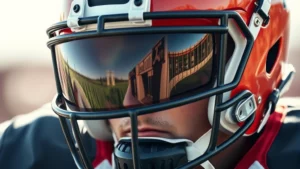 Close-up of a football player wearing a dark-tinted visor on their helmet during bright daylight, showing glare reduction and professional appearance, photorealistic detail