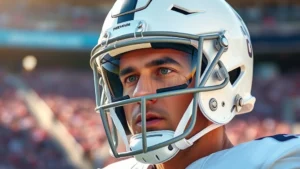 Professional quarterback wearing premium football visor during daytime stadium game, clear lens reflection showing field, intense focus expression, white helmet with visor, sunlight highlighting optical clarity of lens