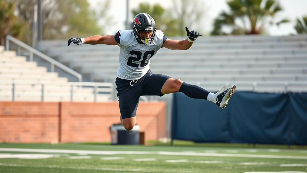 Professional football player performing explosive depth jump exercise on training field, athletic wear, dynamic mid-air position showing power and form