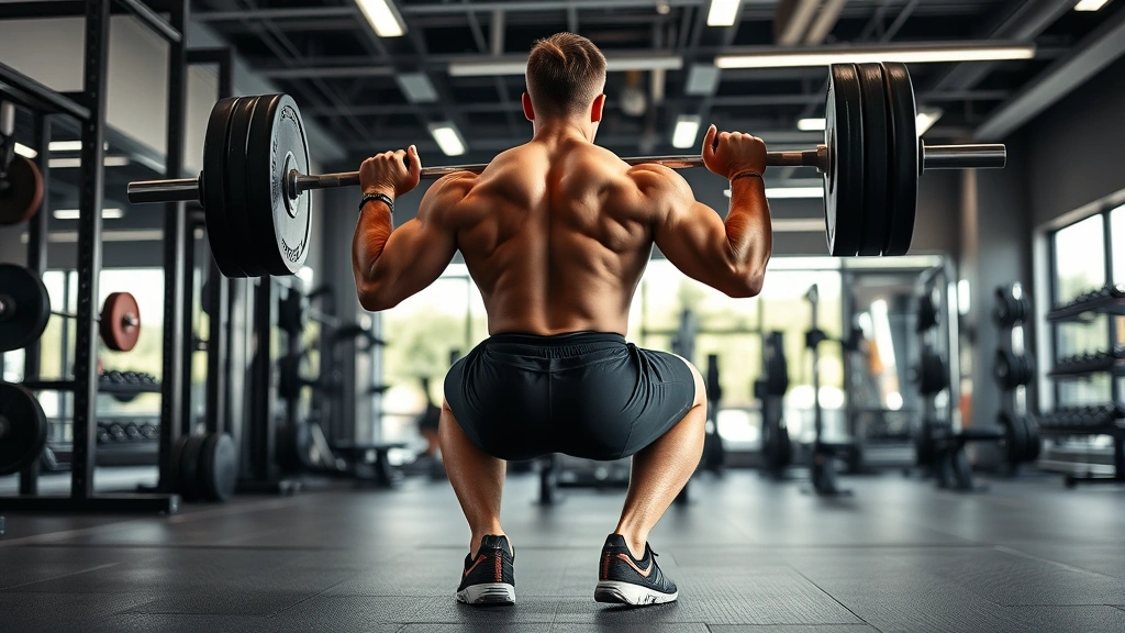 Strength athlete executing heavy back squat with perfect form in modern gym facility, deep squat position demonstrating lower body power development