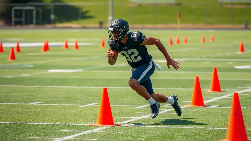 Defensive football player performing lateral agility drill through cone course with explosive plant-and-cut movement, demonstrating multi-directional change of direction