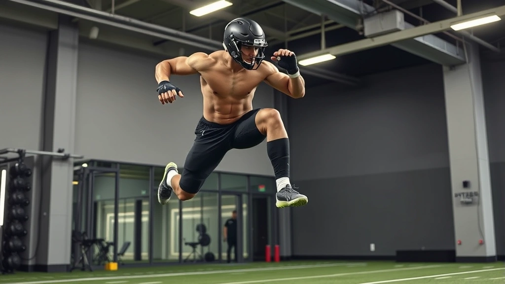 Professional football player performing explosive box jump in modern gym, full body visible, intense effort expression, athletic wear, bright indoor lighting
