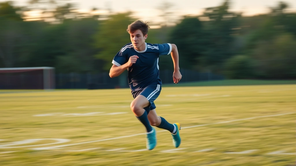 Young football player sprinting at maximum speed on grass field, dynamic motion blur, athletic build, outdoors during golden hour, motivational energy