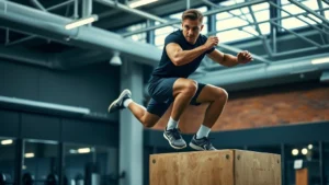 Athletic footballer performing explosive box jump in modern training facility, maximum height achieved, focused expression, professional gym setting with equipment blurred in background