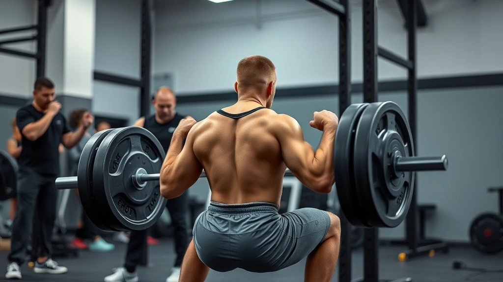 Professional athlete executing perfect barbell back squat with controlled depth, spotters present, concentrated form, training facility with proper lighting and equipment visible