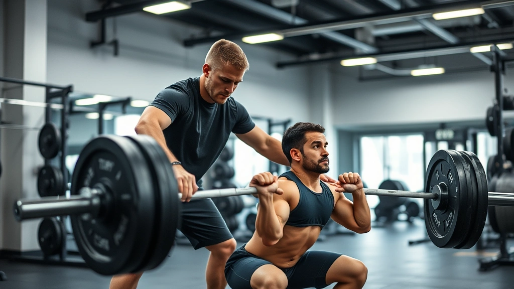 Strength coach spotting athlete during heavy barbell squat exercise in modern weight room facility with professional equipment and proper lighting
