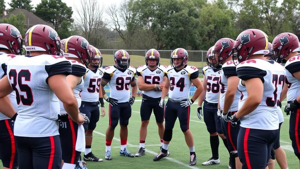 Football players in team huddle during practice receiving coaching instruction with focused attention and engaged body language demonstrating team cohesion