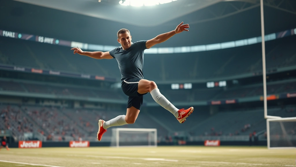 Athletic male football player performing explosive vertical jump on professional training field, muscular definition visible, mid-air position, stadium background blurred, professional sports lighting