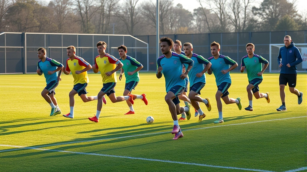 Diverse international football team players during high-intensity sprint interval training session on grass pitch, multiple athletes at maximum effort, coaching staff observing, morning natural lighting