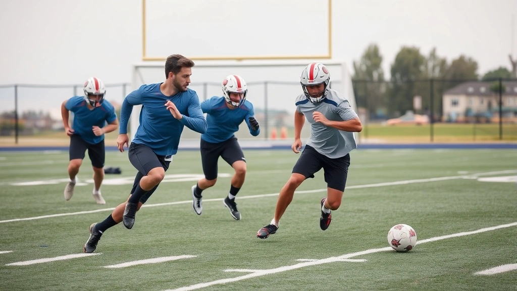 Professional football players executing rapid directional change and acceleration drill on marked field, demonstrating agility and explosive power, concentrated expressions, professional training environment with goal posts visible