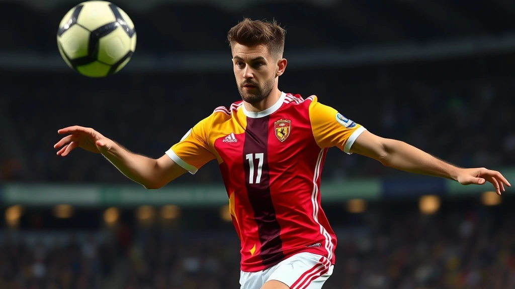 Professional male footballer executing precise passing technique during international match, focused expression, stadium background, action shot capturing ball control and technical skill execution