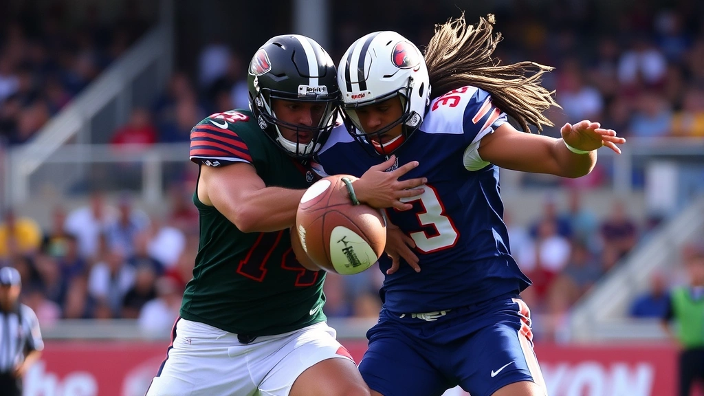 Intense defensive action with two opposing football players competing for possession, physical intensity, determination visible on faces, outdoor stadium environment, dynamic athletic movement