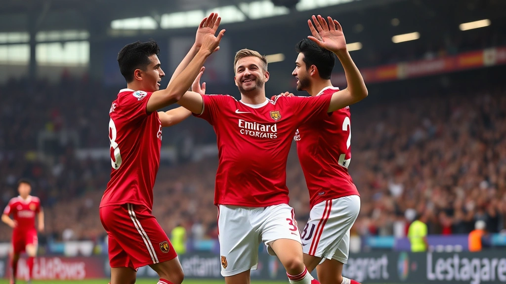 International football match celebration moment with multiple players showing tactical positioning awareness, professional athletes demonstrating game intelligence and team coordination during competitive fixture