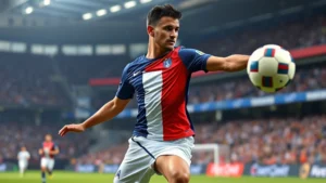 Professional football player in French national team jersey executing a precise pass during international match, stadium background, dynamic action shot, photorealistic