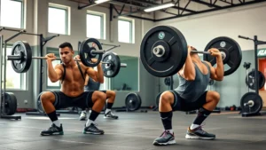 High school football players performing barbell back squats in a modern weight room with proper form and safety equipment, intense focused expressions, natural gym lighting