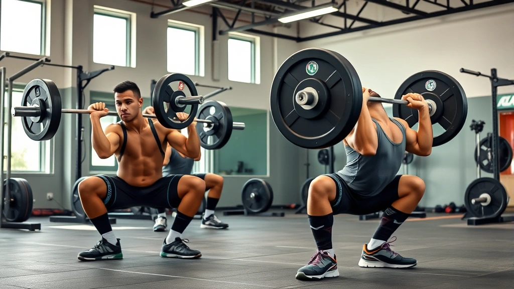 High school football players performing barbell back squats in a modern weight room with proper form and safety equipment, intense focused expressions, natural gym lighting