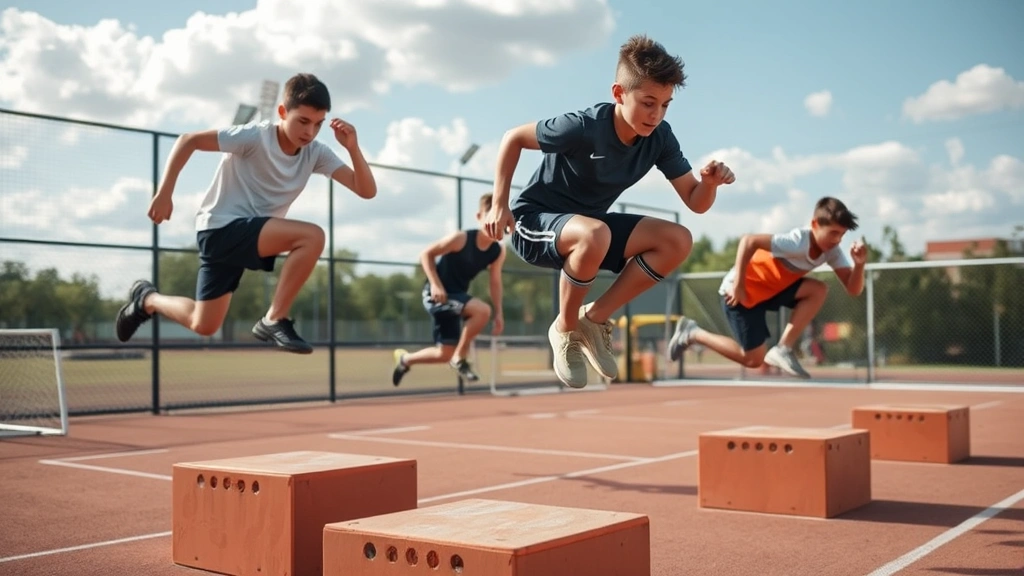 Young athletes executing plyometric box jumps in an outdoor training facility, explosive dynamic movement captured mid-jump, athletic intensity and power visible