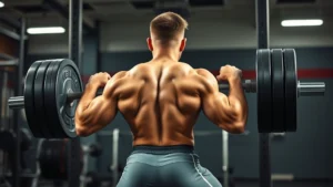 Collegiate football athlete performing heavy barbell back squat in professional strength training facility, explosive power position, intense focus, gym lighting, muscular definition visible