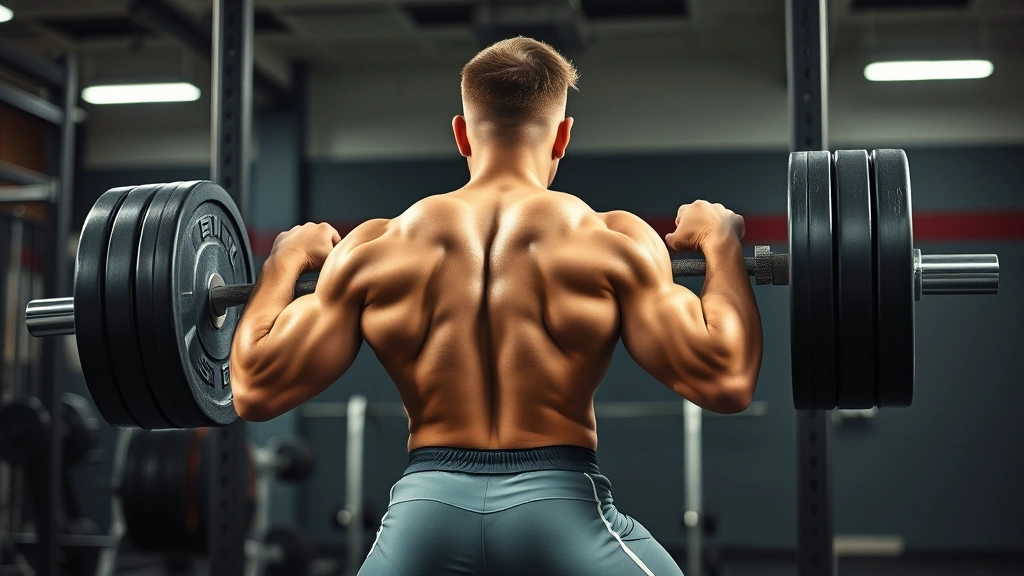 Collegiate football athlete performing heavy barbell back squat in professional strength training facility, explosive power position, intense focus, gym lighting, muscular definition visible