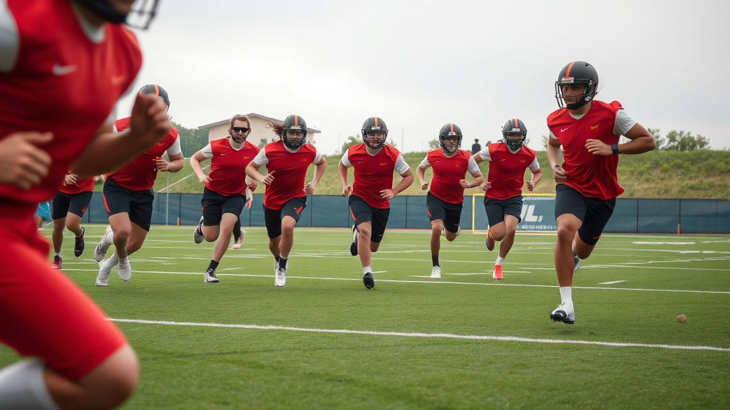 Football team performing high-intensity interval sprint training on field, athletes mid-acceleration, explosive effort captured, green grass field, athletic conditioning in action