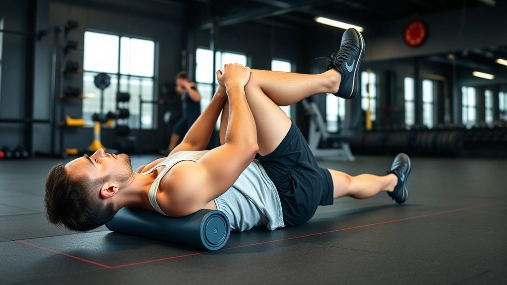 Recovery and mobility work: athlete foam rolling lower legs post-training, professional sports facility, focused rehabilitation, demonstrating injury prevention methodology