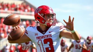 Athletic college football quarterback in Fresno State uniform mid-throw during daytime stadium game, intense focus expression, crisp passing motion with blurred receivers downfield in background
