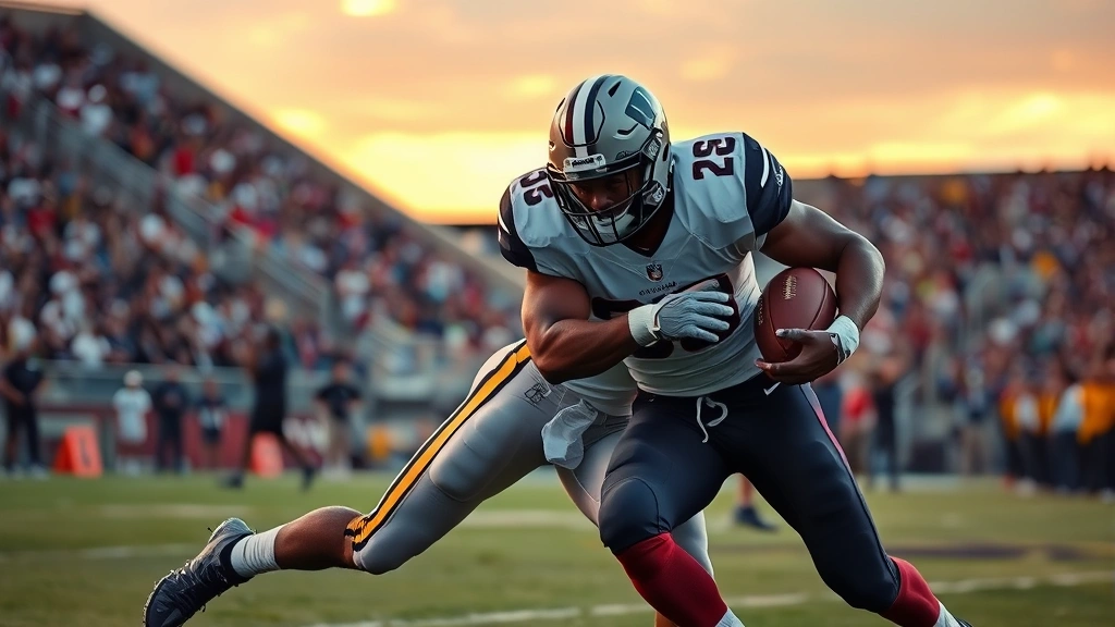 Defensive linebacker making open-field tackle against opposing running back during evening game, perfect form tackling technique, crowd blur in stadium background, athletic intensity captured