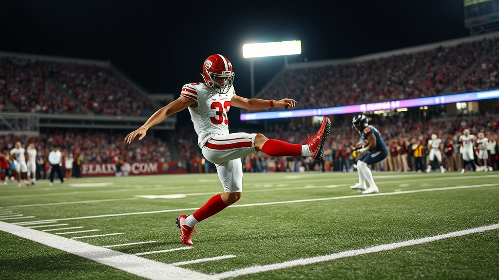 Special teams kicker following through on field goal attempt during college football game, full body extension, focused expression, stadium lights illuminating action, professional athletic execution