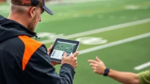 Athletic football coach analyzing game film on tablet during practice, reviewing player performance metrics and strategic plays with focused intensity