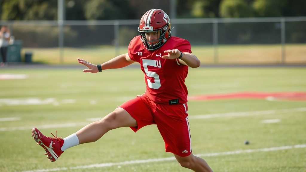 Young male athlete in FSU red uniform performing explosive jumping drill on grass field, demonstrating athleticism and competitive drive during training