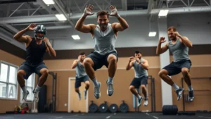 College football players performing explosive plyometric training, jumping vertically with maximum effort in modern weight room facility